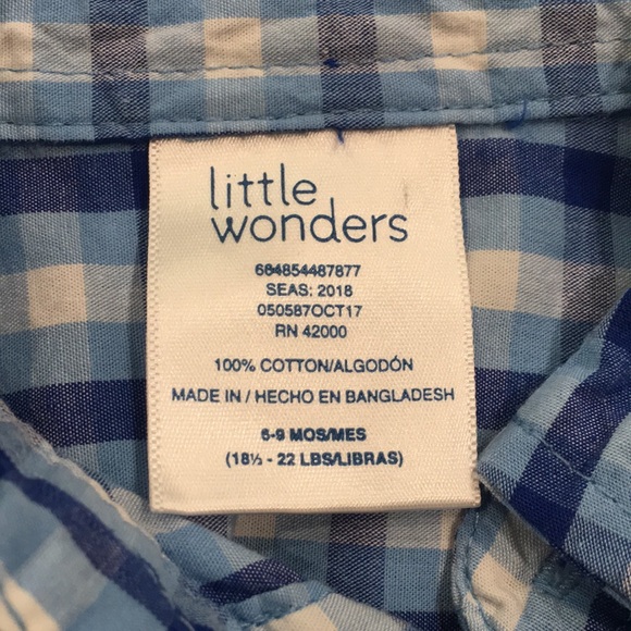 Little Wonders Baby Boys 6-9M Shirt Button Up Blue Checkered 100% Cotton Preppy - Picture 6 of 8